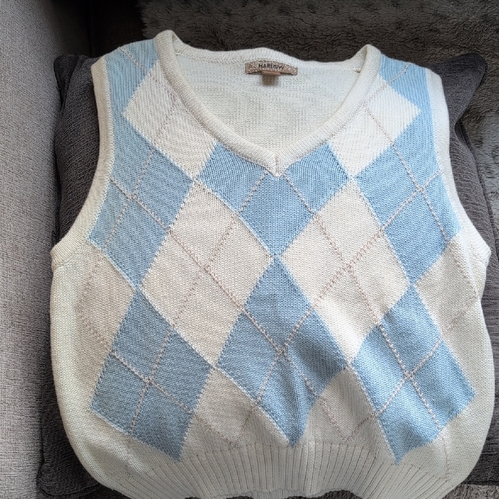 Harlow Argyle Knit Vest - Blue and White